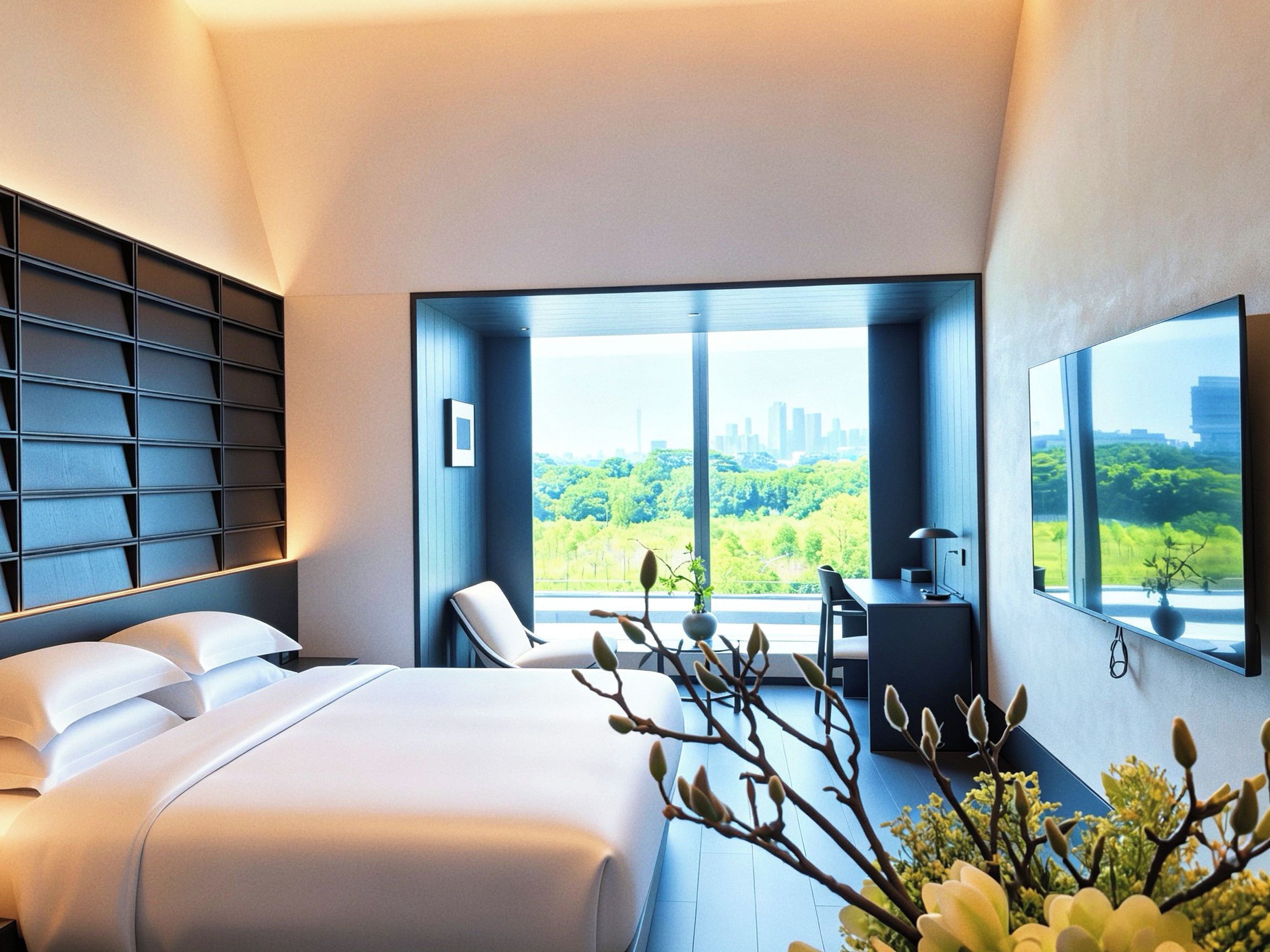 Habitación de hotel moderna con una cama grande, un escritorio y una silla. Una ventana grande ofrece vistas a un paisaje urbano y zonas verdes.