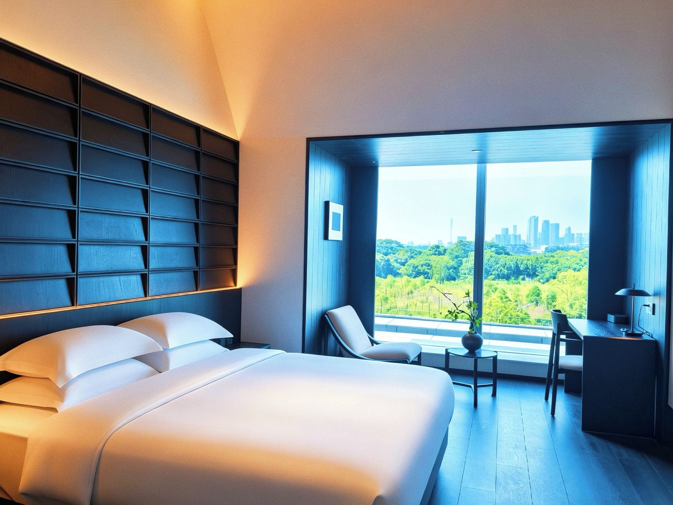 A modern hotel room with a large bed, a desk, and a view of a cityscape.