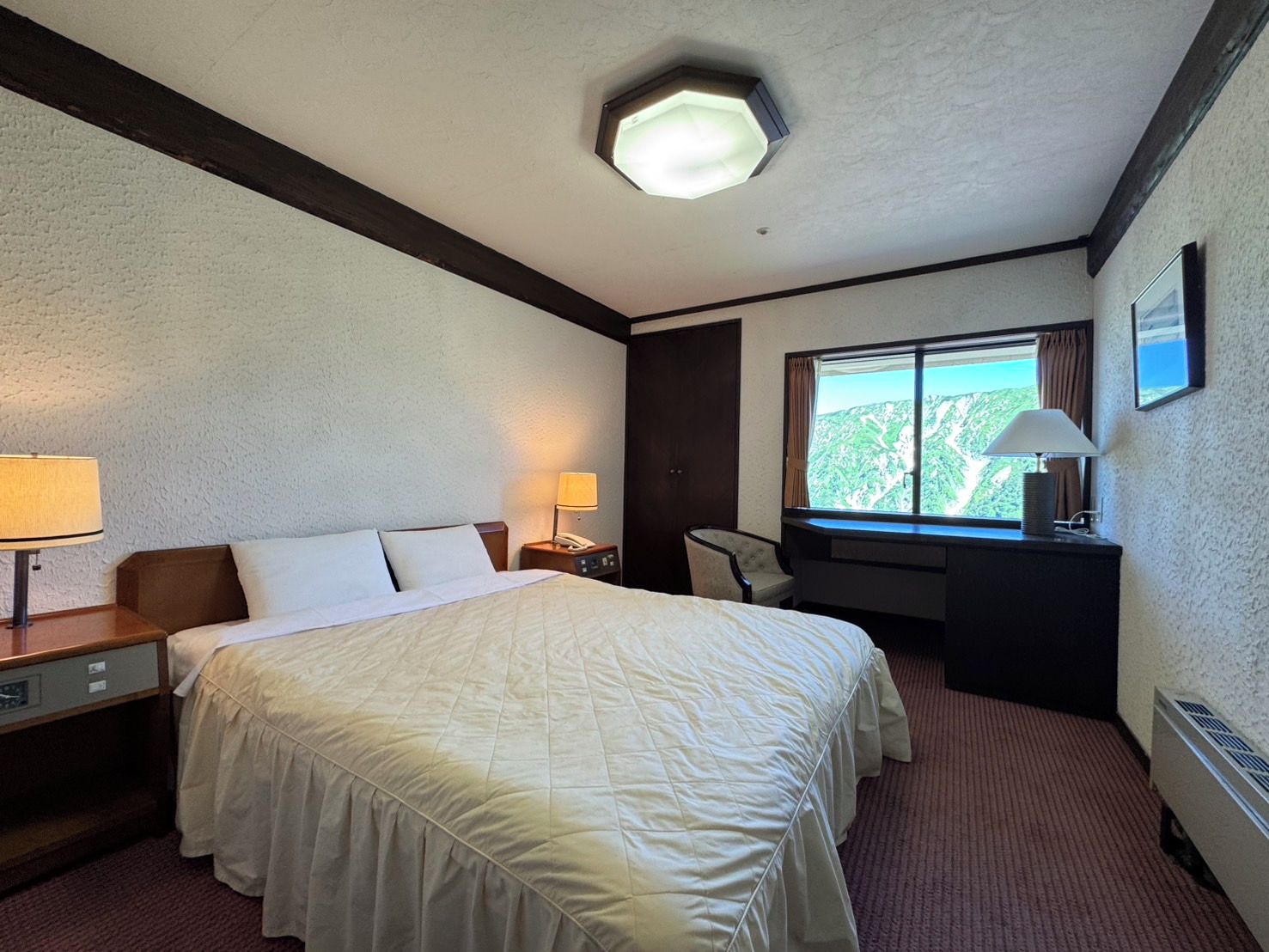 A hotel room with a large bed, bedside lamps, a desk with a chair, a window with a view, and a ceiling light fixture.