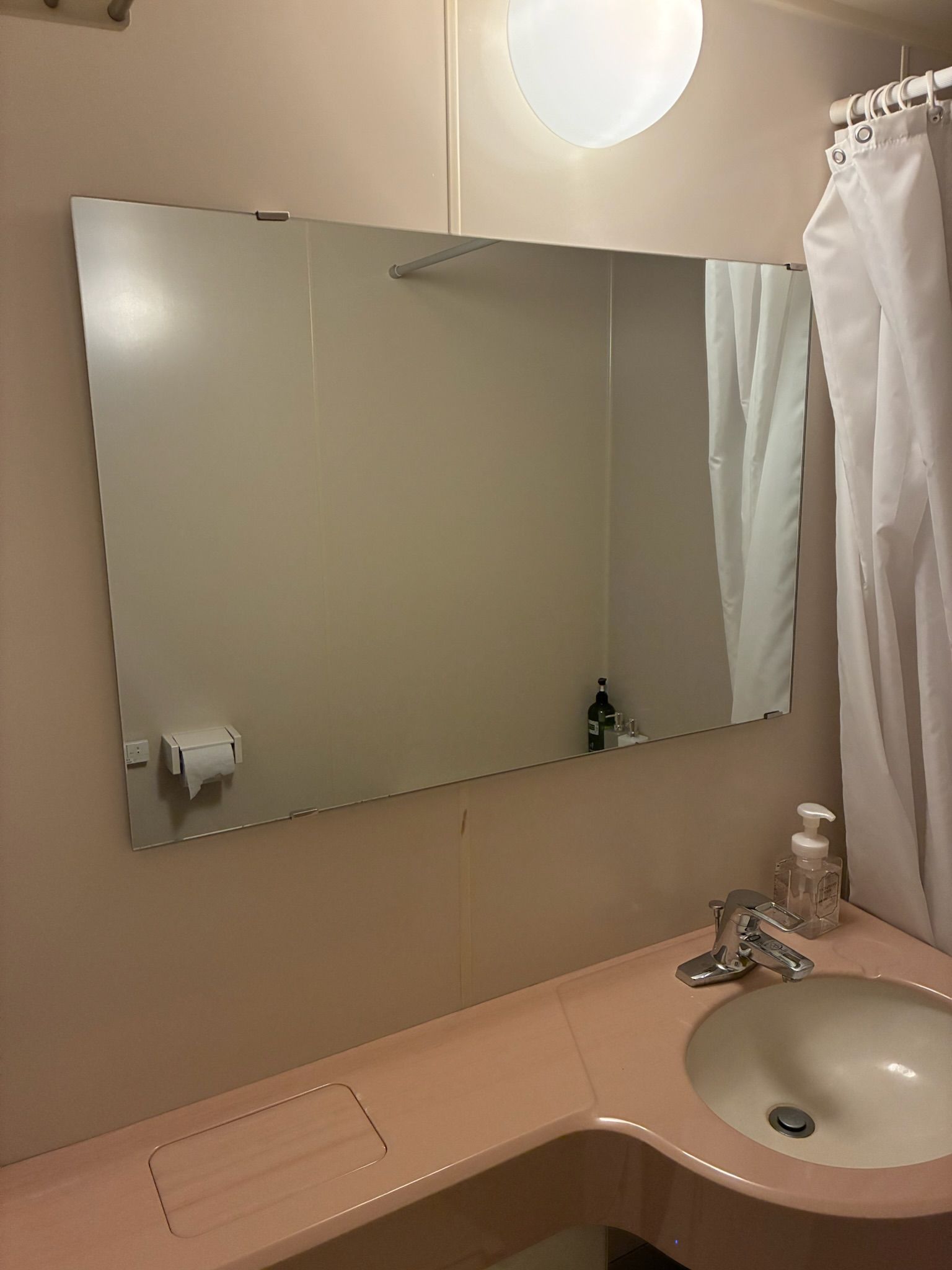 A bathroom with a large mirror, a sink, a towel dispenser, and a shower curtain.
