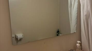 A bathroom with a large mirror, a sink, a towel dispenser, and a shower curtain.