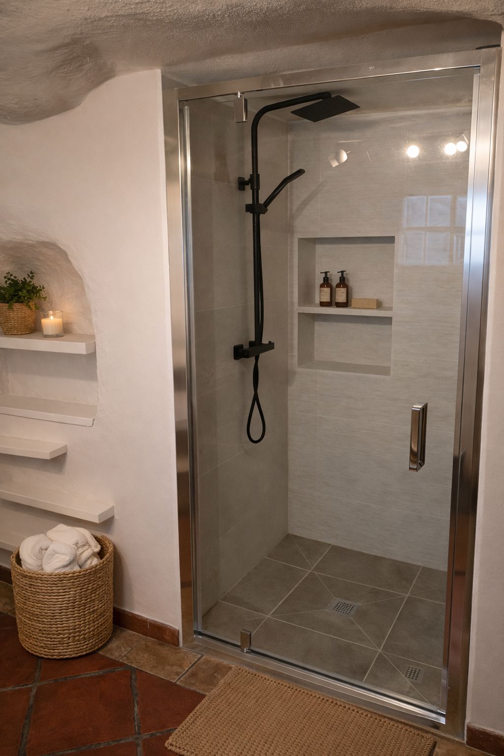 Een douche met glazen wand, een handdouche, een handdoekrek en een plank met toiletartikelen.