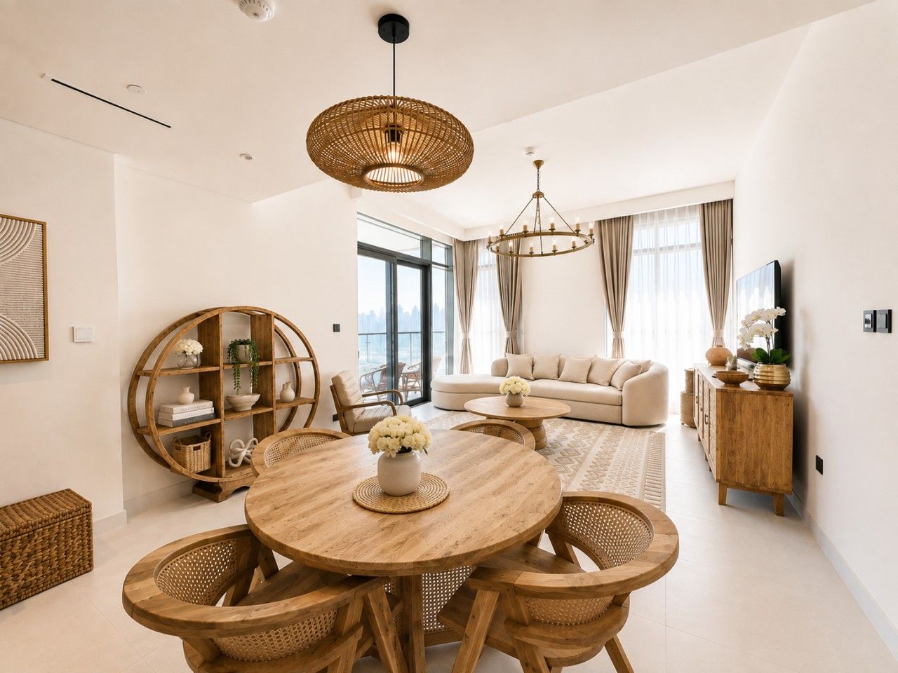 A modern living room with a round wooden dining table, wicker chairs, a sofa, and a large window with curtains.