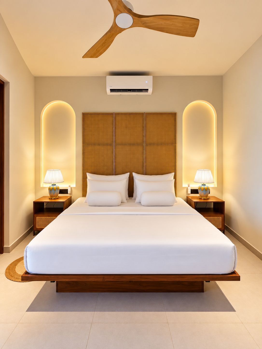 Un dormitorio moderno de hotel con una cama grande, cabecera de madera, dos mesitas de noche con lámparas, un equipo de aire acondicionado y un ventilador de techo.