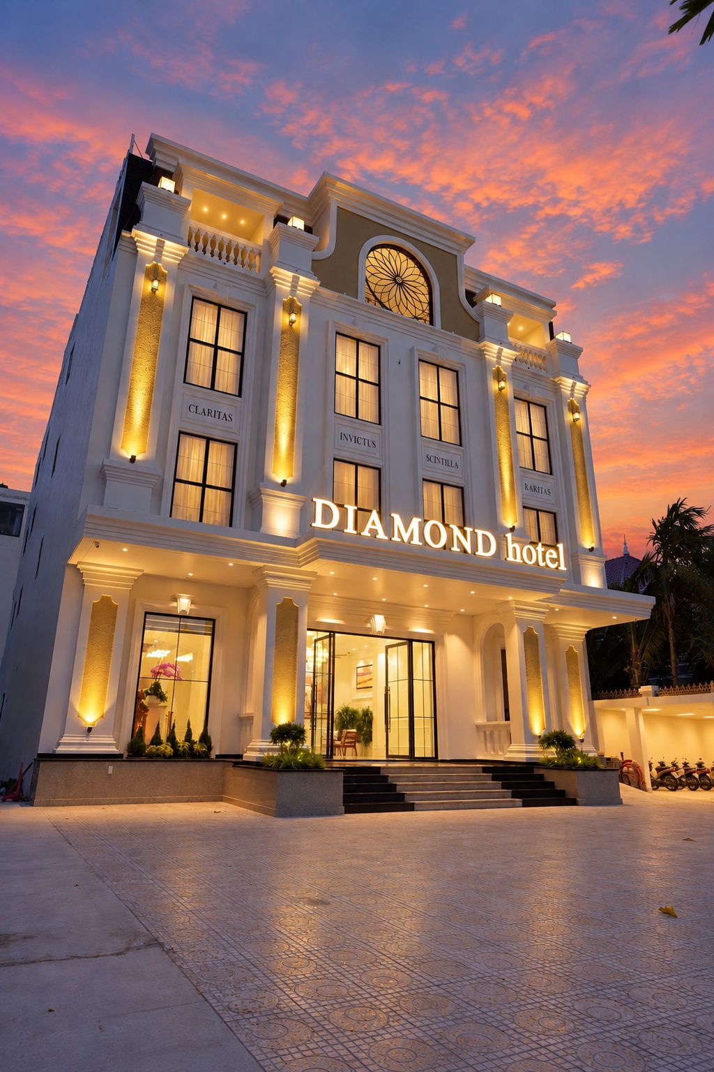 A hotel with a grand entrance, multiple windows, and a clear sign reading 'DIAMOND hotel'.