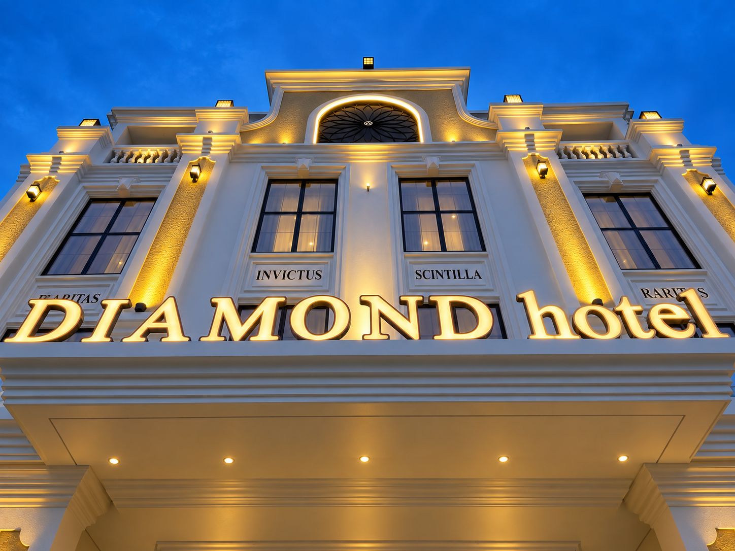 The exterior of the Diamond Hotel with illuminated signage and classical architectural details.