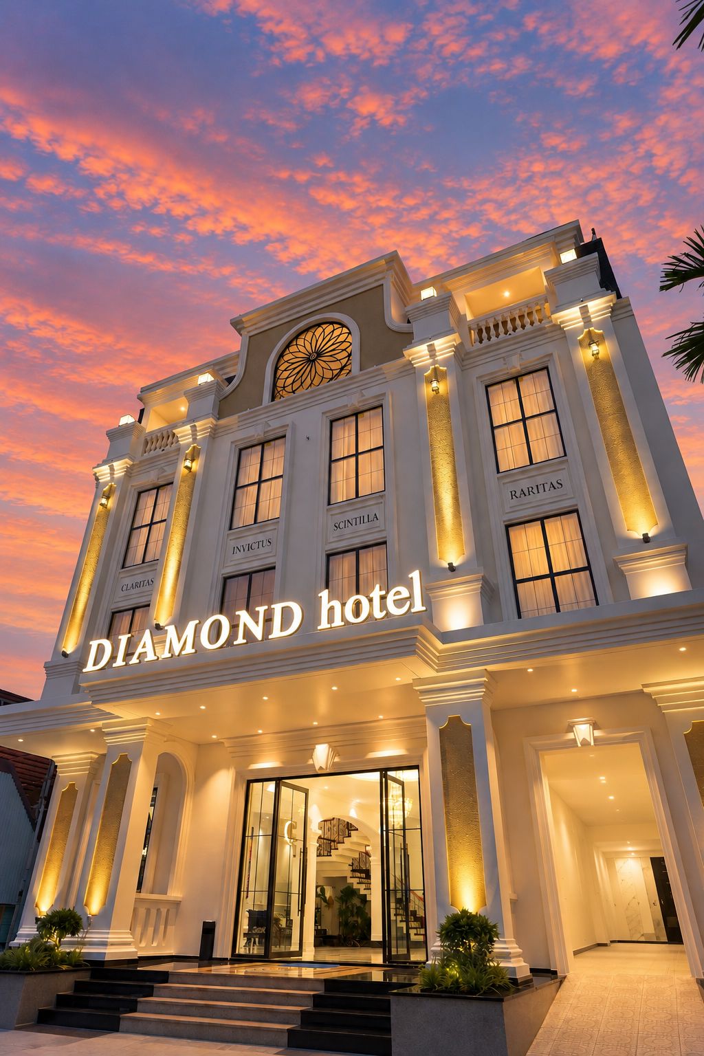 A hotel with a grand entrance, multiple floors, and a sign indicating it is the 'DIAMOND hotel.'