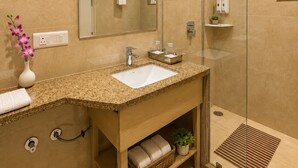 A modern bathroom with a granite countertop sink, a glass shower enclosure, and a large mirror. - Regenta Place Kota (Kota)