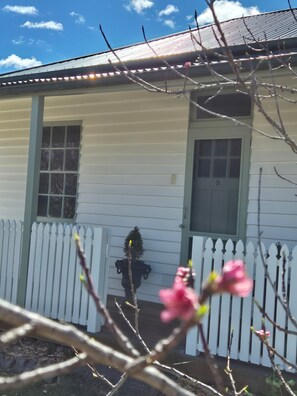 A white building with a picket fence, a door labeled '9', and a small tree in front.