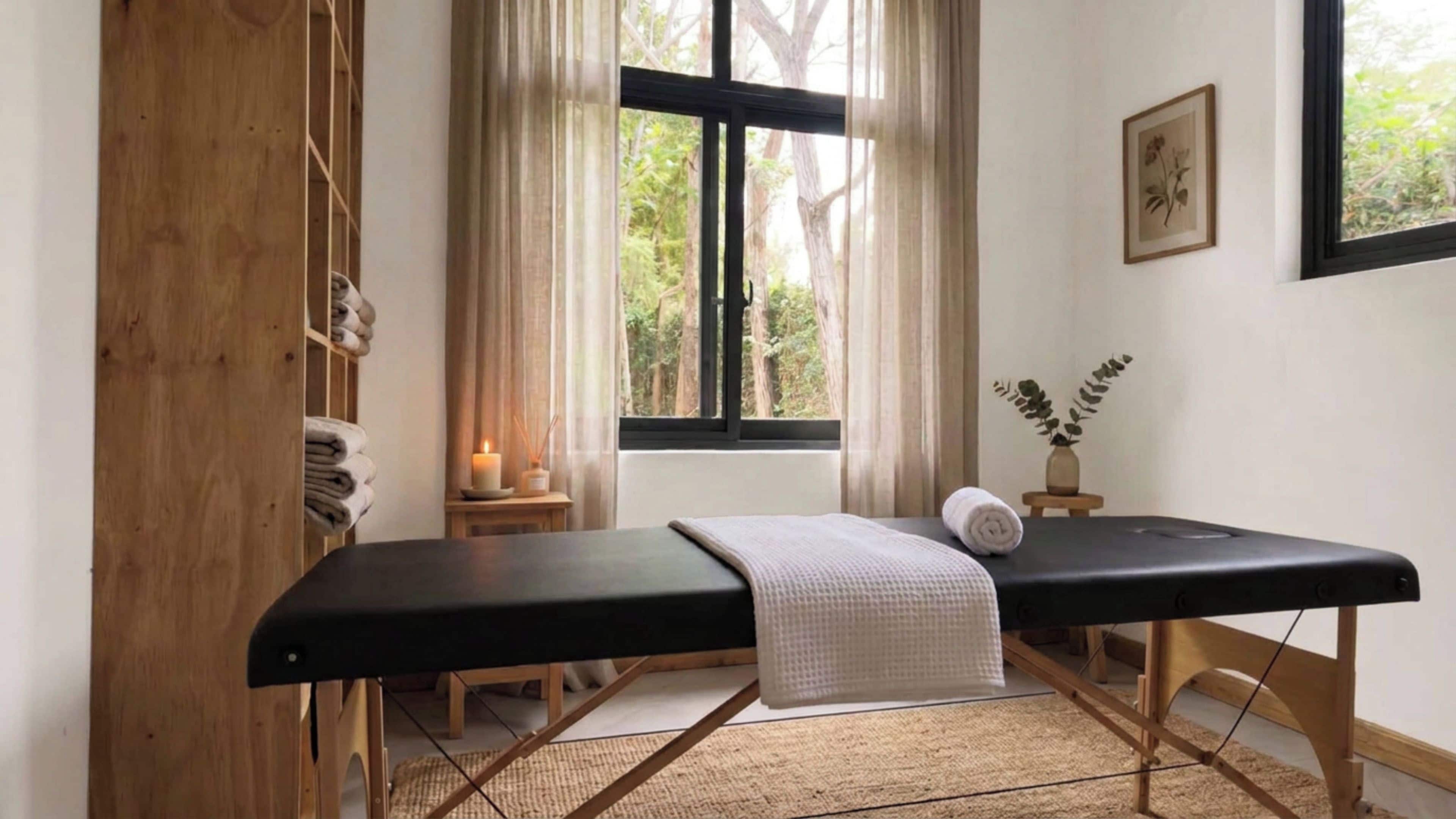 Una habitación con una camilla de masaje, una ventana que da a árboles, una mesita de noche con una vela y un cuadro colgado en la pared.