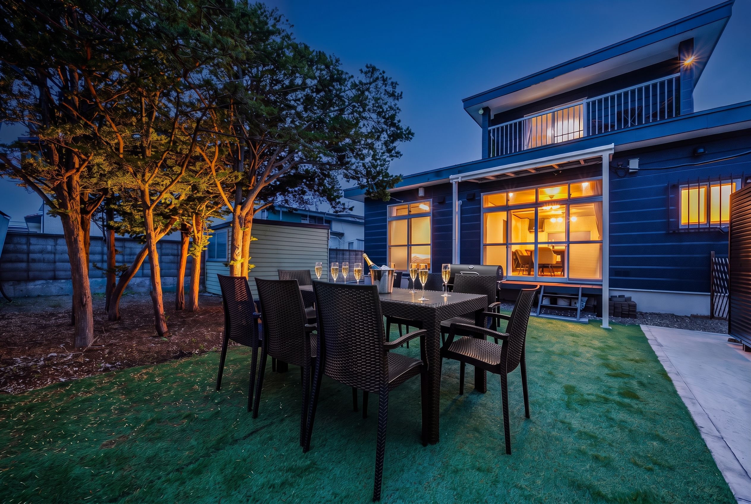 Una casa moderna con un patio que incluye una mesa y sillas de comedor, una parrilla y un interior luminoso visible a través de grandes ventanales.