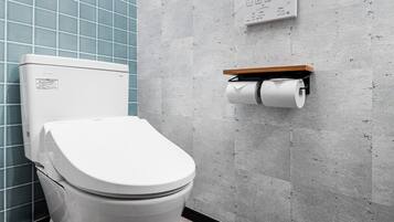 Moderni kylpyhuone, jossa on wc, pyyheteline ja wc-paperiteline.