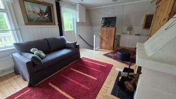 A living room with a sofa, a red rug, a wooden cabinet, and a television.