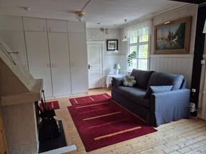 A room with a grey sofa, a red rug, and a white door.