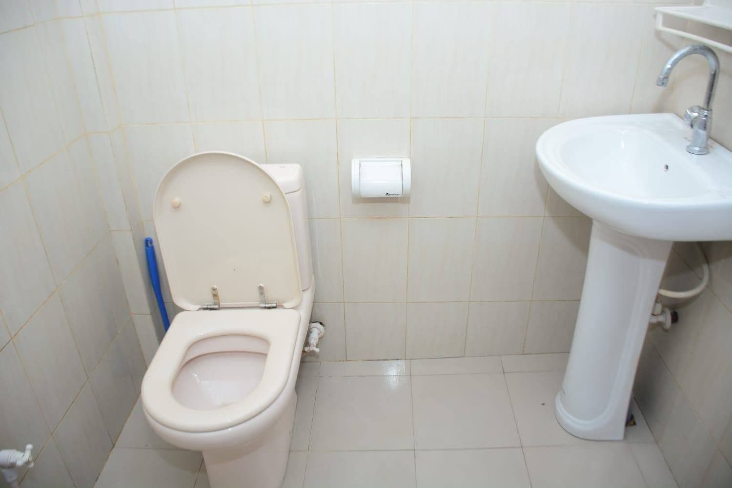 Une salle de bain équipée de toilettes, d’un lavabo et d’une poignée de chasse d’eau fixée au mur.
