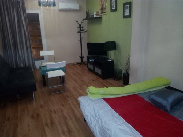 Una habitación con cama, escritorio, silla, televisor y planta.