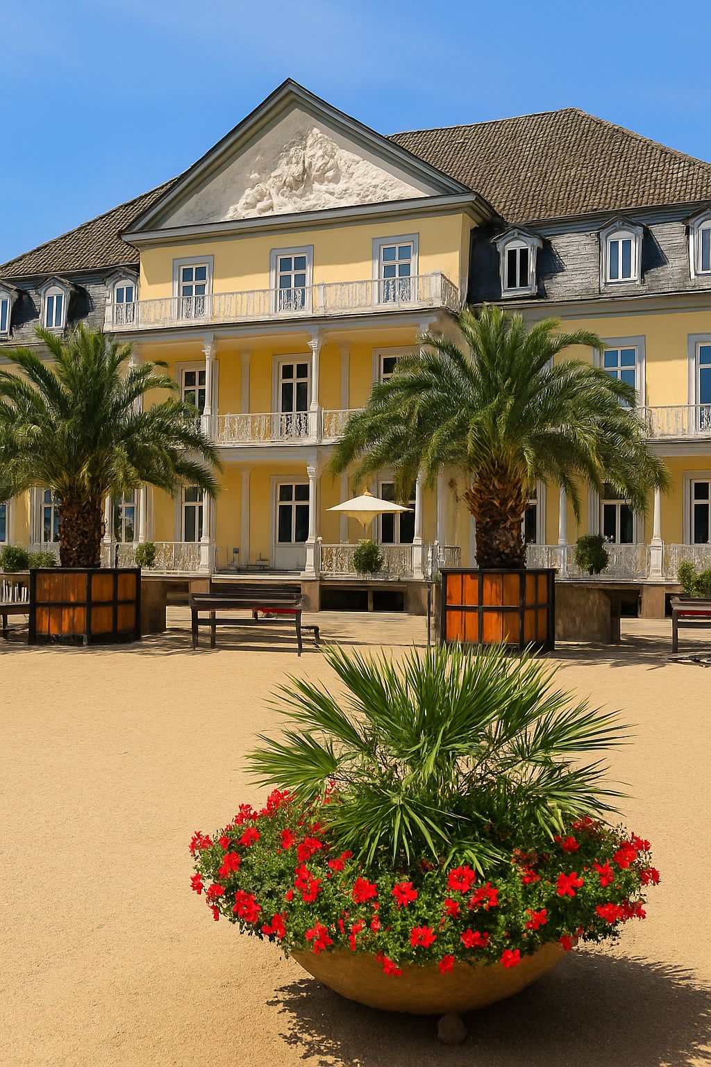 A multi-story hotel with balconies, palm trees, and a sandy courtyard.