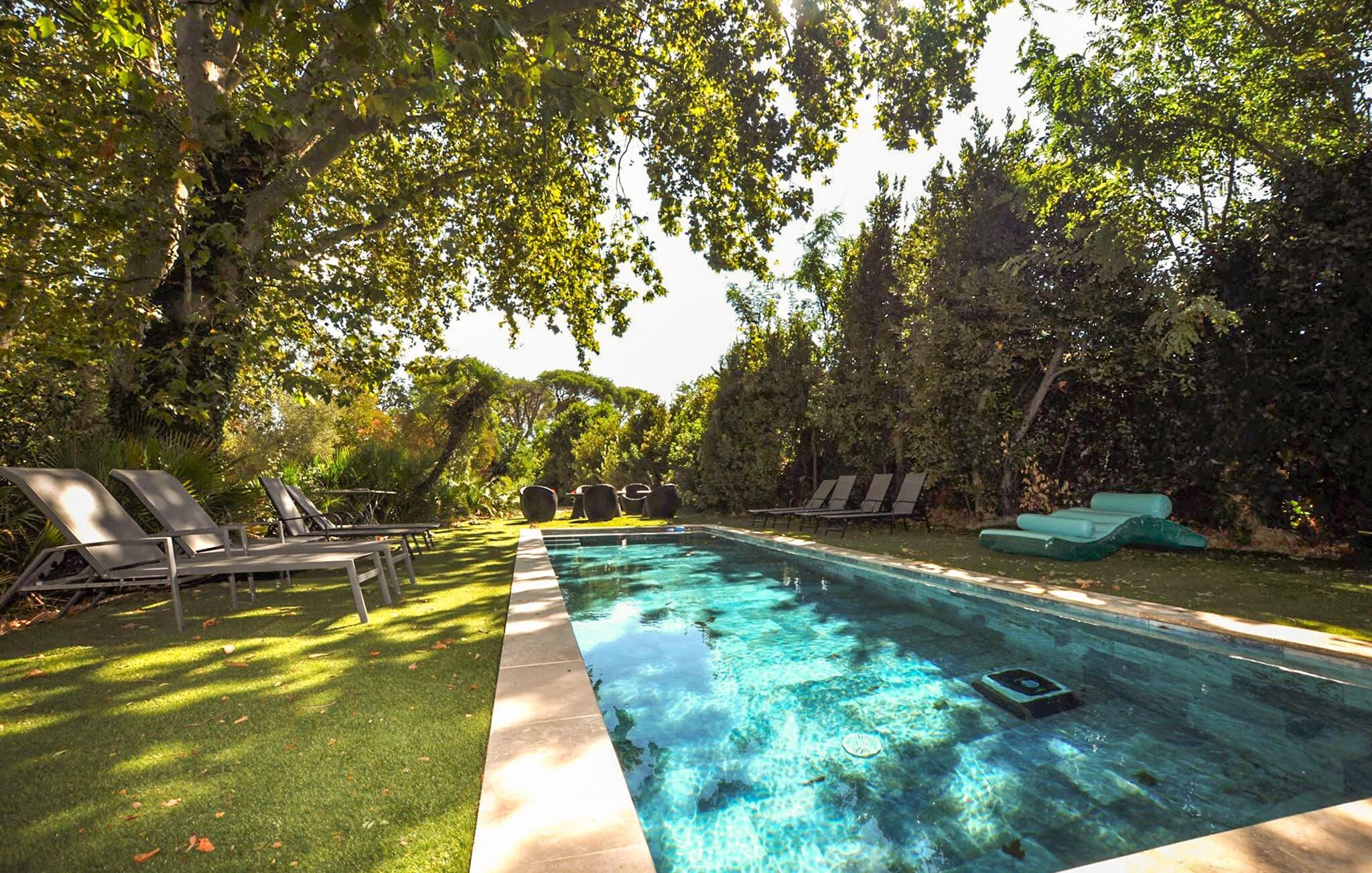 A swimming pool with clear water, surrounded by trees and shaded by a canopy.