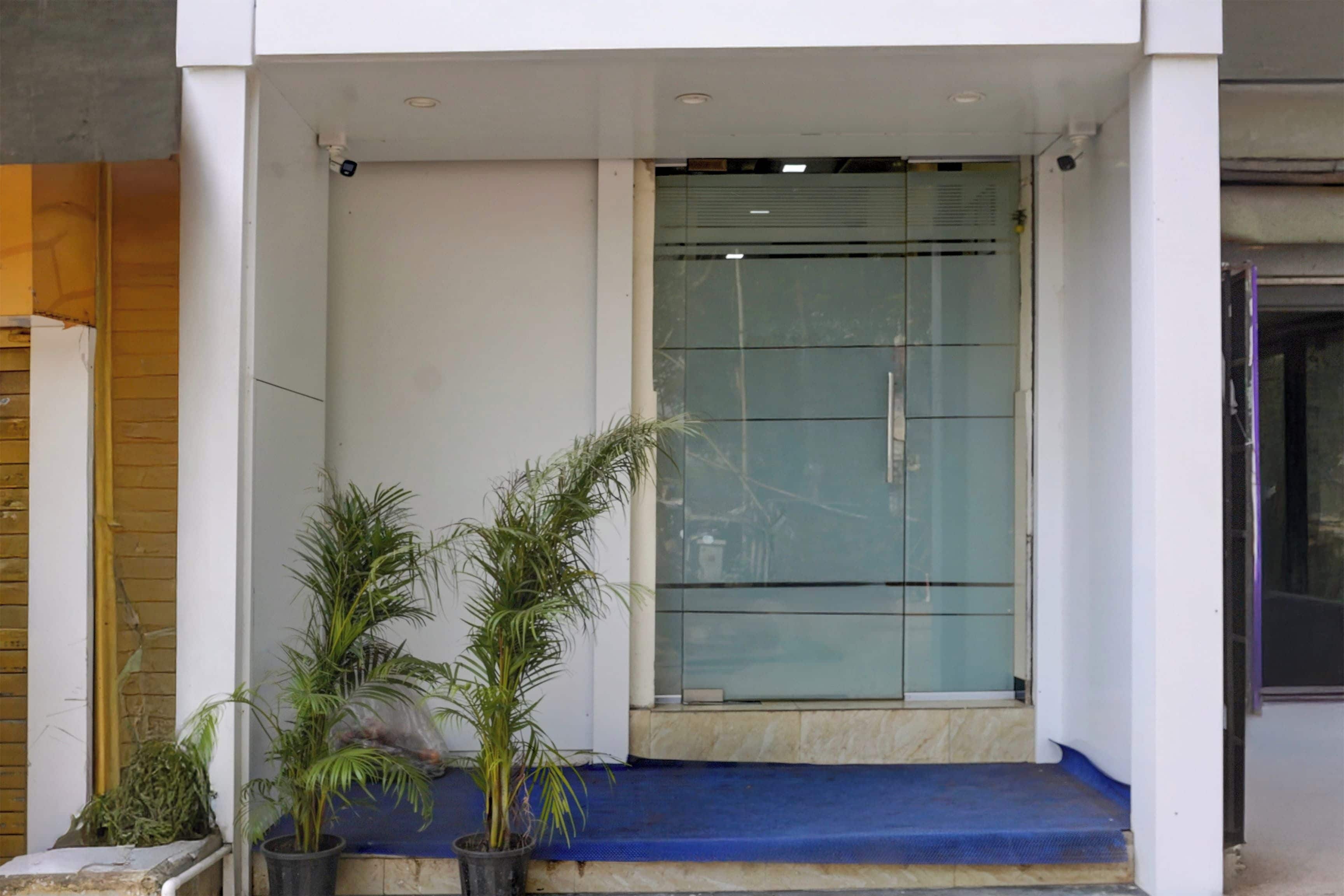 A building entrance with a glass door, a blue carpeted step, and potted plants.