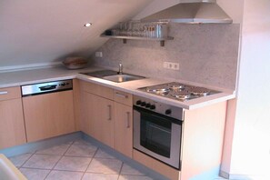A compact kitchen with a built-in oven, a stovetop, and a dishwasher. - in the Spessartblick house (Kleinheubach)