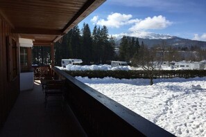 A covered outdoor area with a view of snow-covered ground and mountains. - Apartment with 1 bedroom (Reit im Winkl)