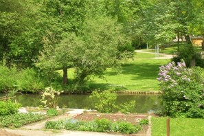 Ein Garten mit Teich, umgeben von üppigem Grün und blühenden Pflanzen.