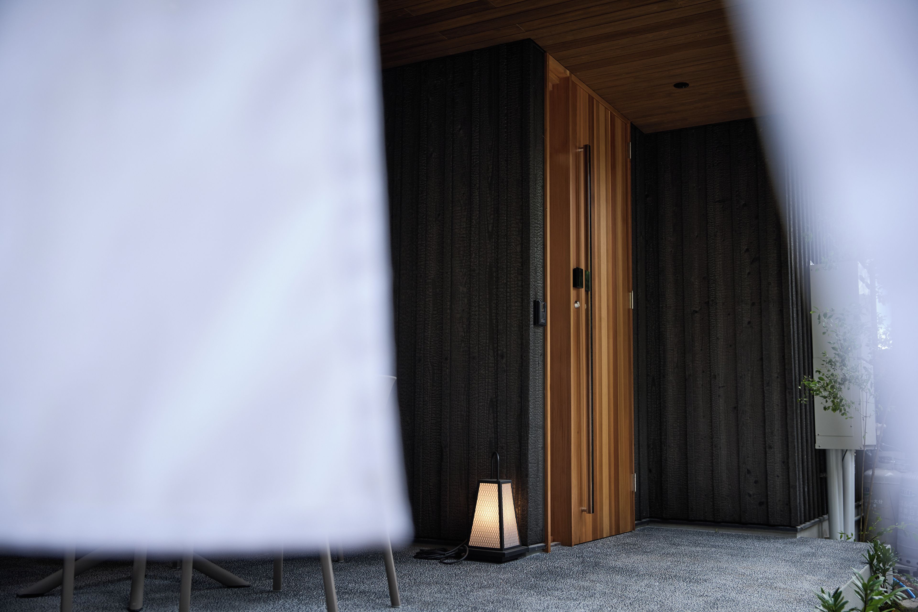 Een kamer met een houten deur, een staande lamp en een vloerbedekking.