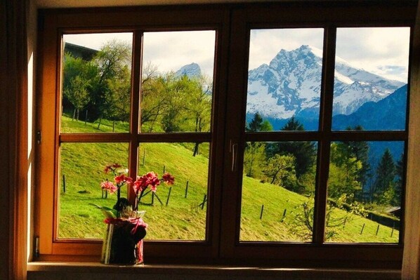 A window with a view of a green landscape and mountains. - Holiday apartment with 3 bedrooms (Schönau am Königssee)