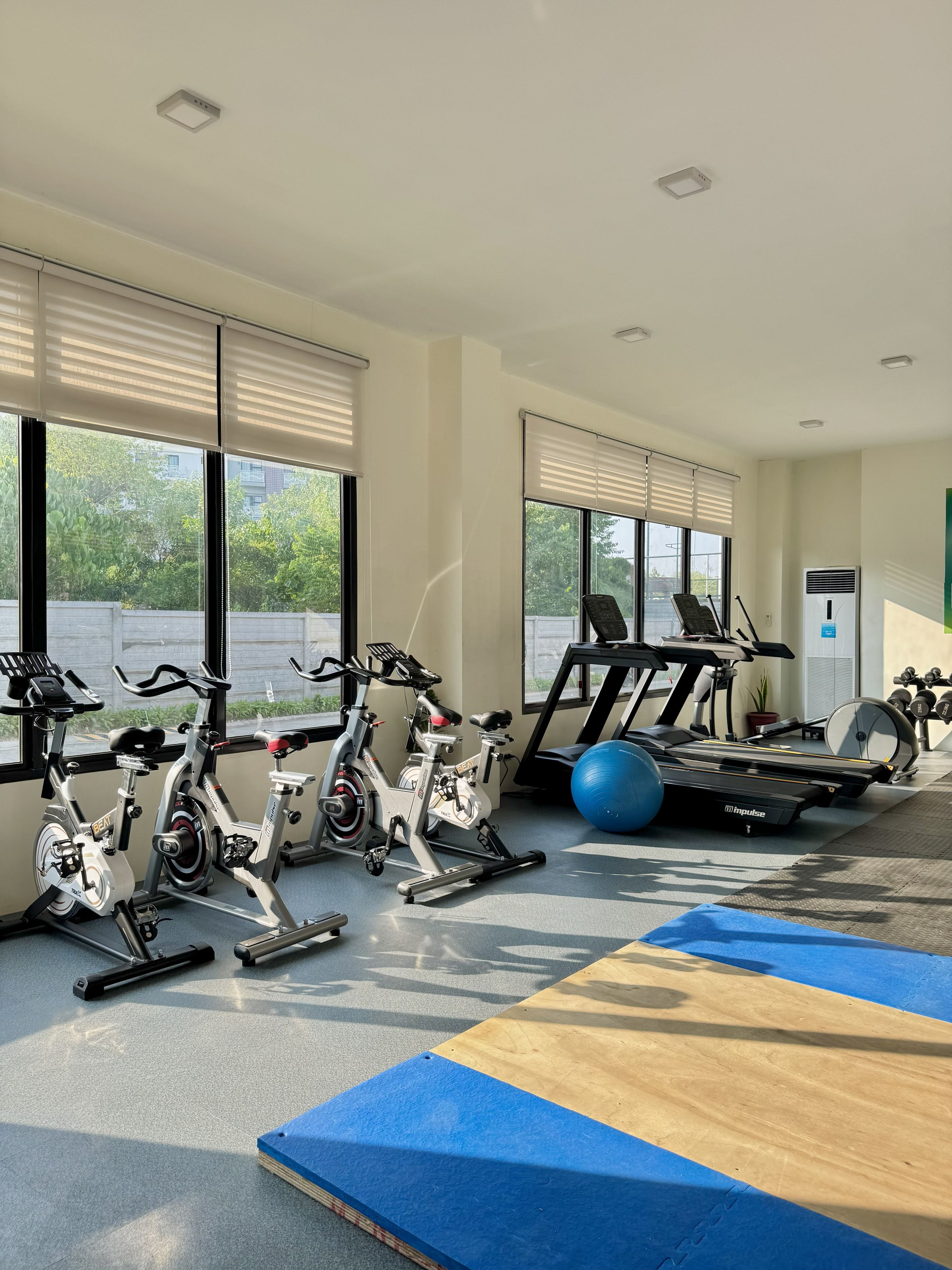 A gym with stationary bikes, a treadmill, and exercise balls.