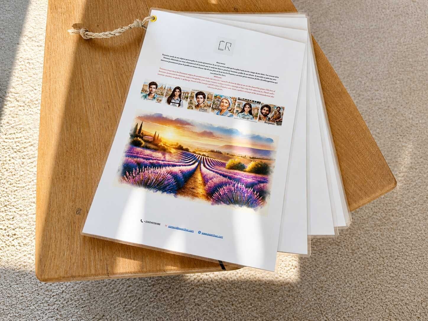 A booklet with a lavender field illustration, contact information, and a name tag.