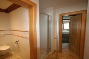Casa de banho com sanita, chuveiro e porta que dá para um quarto.