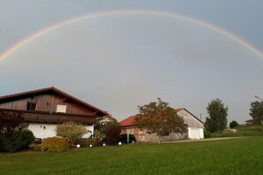 Paesaggio rurale con due case, un prato erboso e un arcobaleno nel cielo.