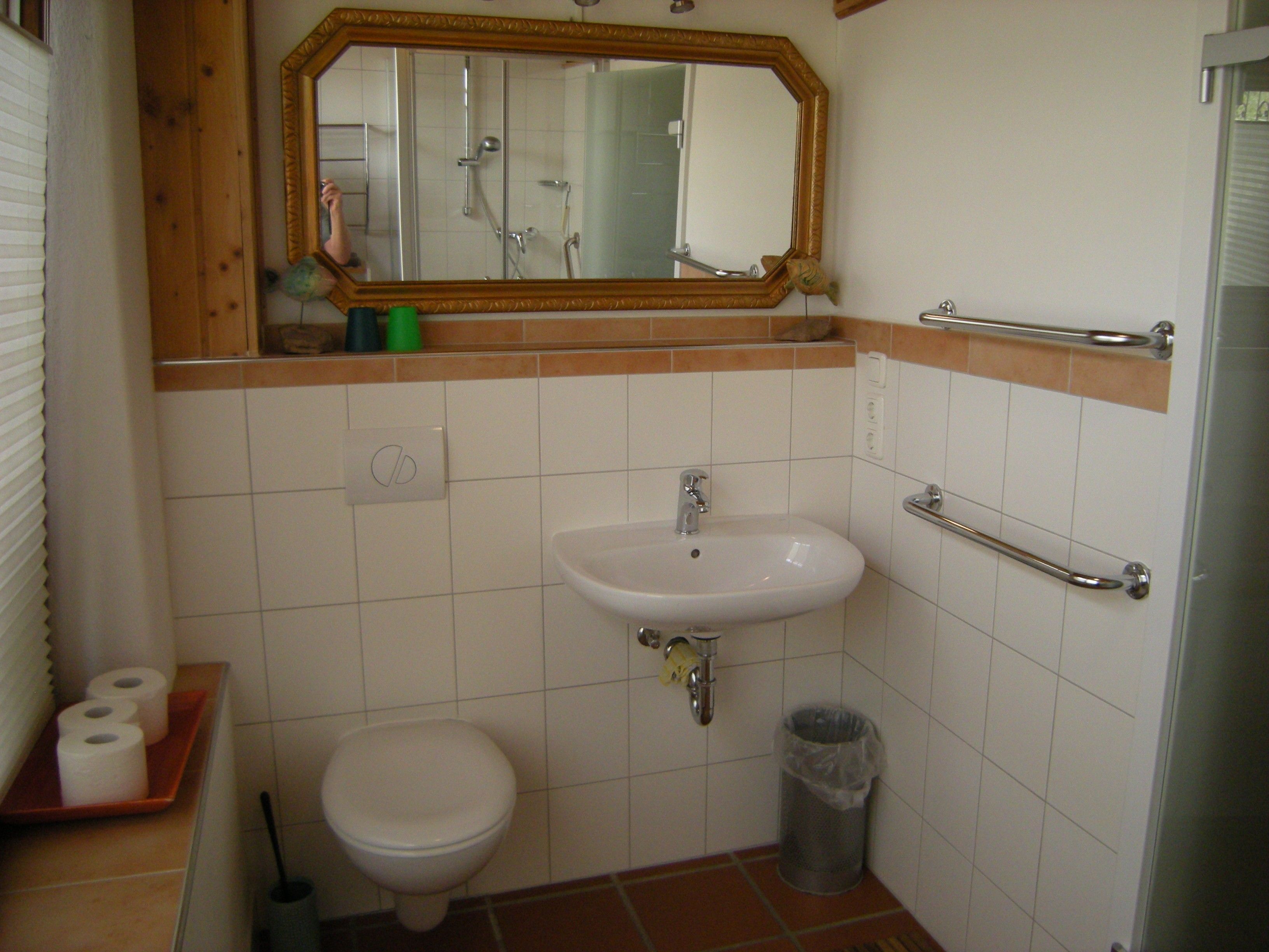 Ein Badezimmer mit Toilette, Waschbecken, Spiegel und Dusche.