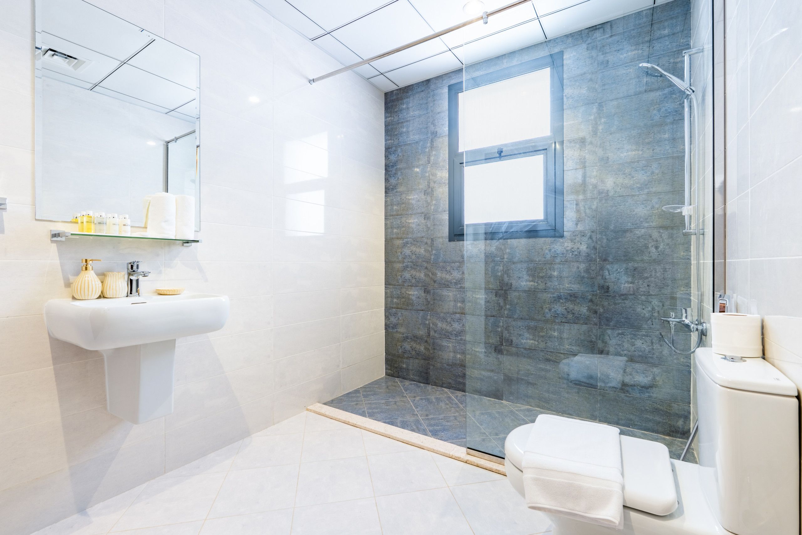 A modern bathroom with a glass shower enclosure, a white sink, and a toilet.