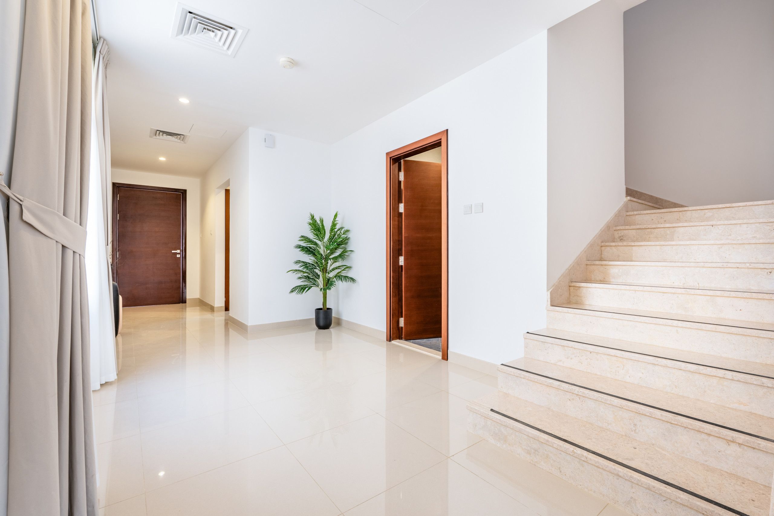 Un pasillo limpio y moderno con una escalera, una planta en maceta y puertas de madera.