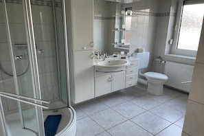 Ein Badezimmer mit einer Duschkabine, einem Waschbecken mit Spiegel und einer Toilette.