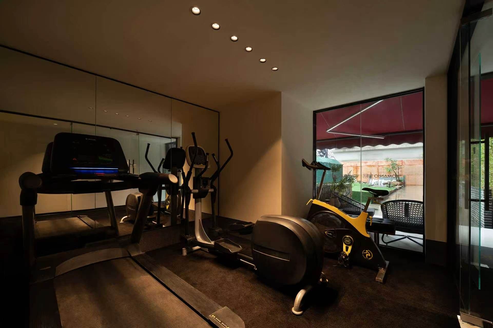 Une salle de sport équipée de machines de cardio, d’un tapis de course et d’un vélo d’appartement.