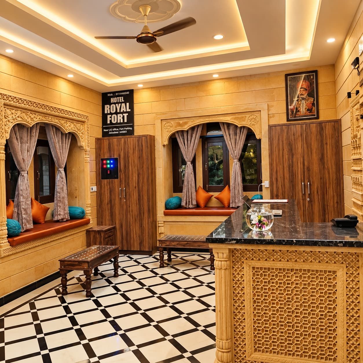 Un vestíbulo de hotel con piso a cuadros, muebles de madera y una recepción.
