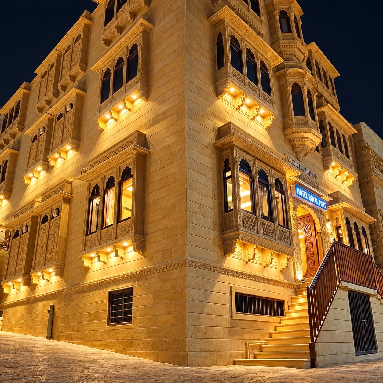 Un hotel de varios pisos con detalles arquitectónicos ornamentales, una entrada destacada con escaleras y un letrero que indica que es un hotel.