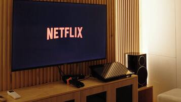 A television with the Netflix logo on a wooden wall.