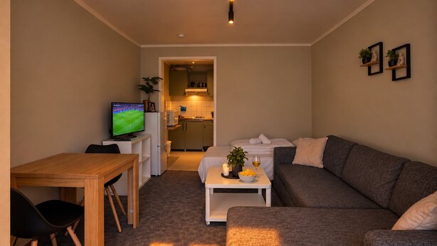 Um espaço compacto para viver, com sofá, mesa de jantar com cadeiras, televisão e uma kitchenette.