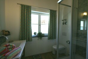 Casa de banho com chuveiro, sanita e janela com cortinas.