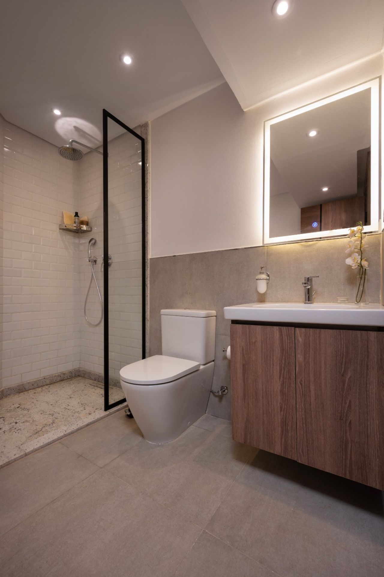 Une salle de bain moderne équipée d’une douche, de toilettes et d’un meuble-lavabo.