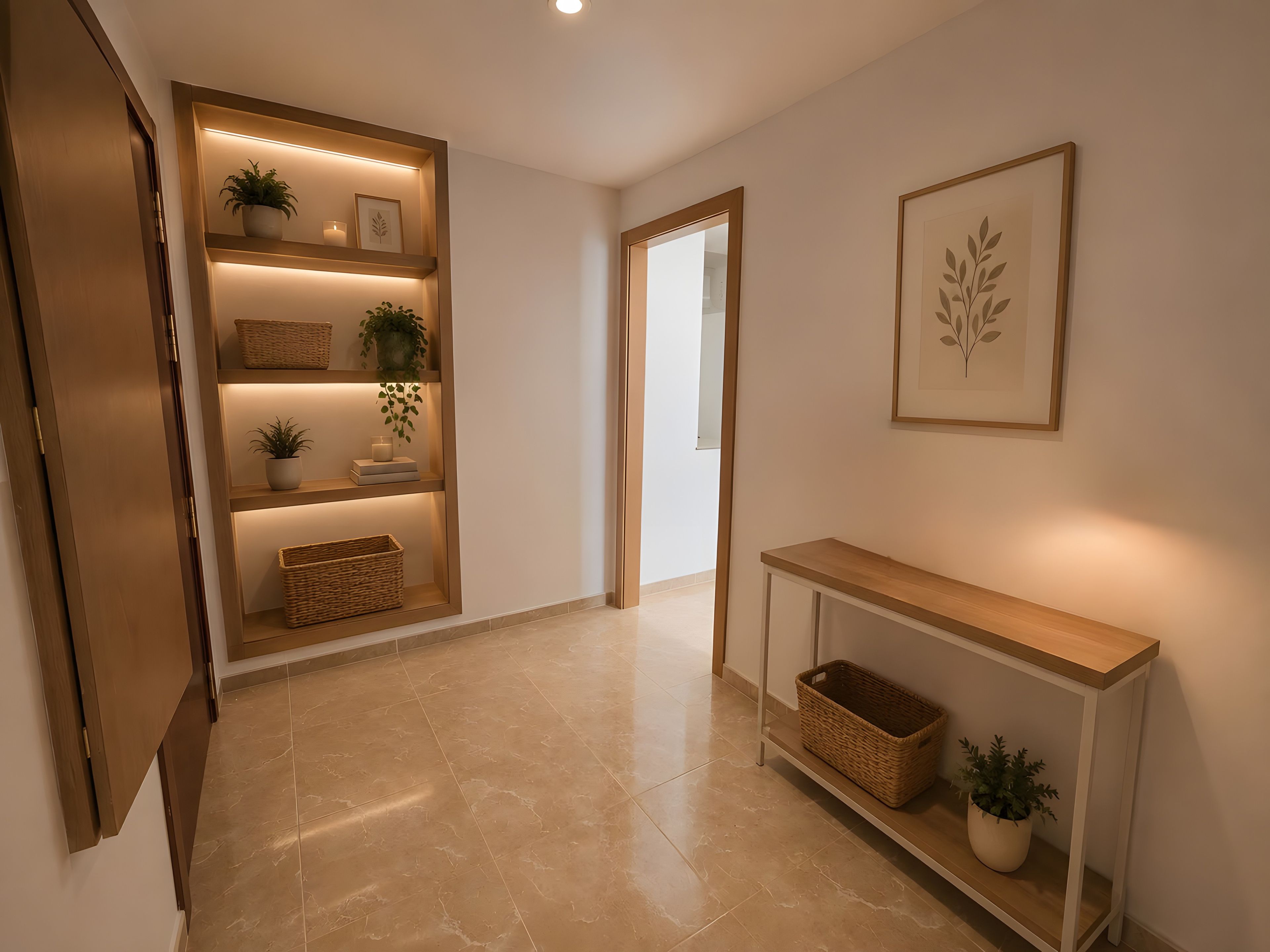 A hallway with a wooden console table, shelves with plants and baskets, and a framed artwork on the wall.