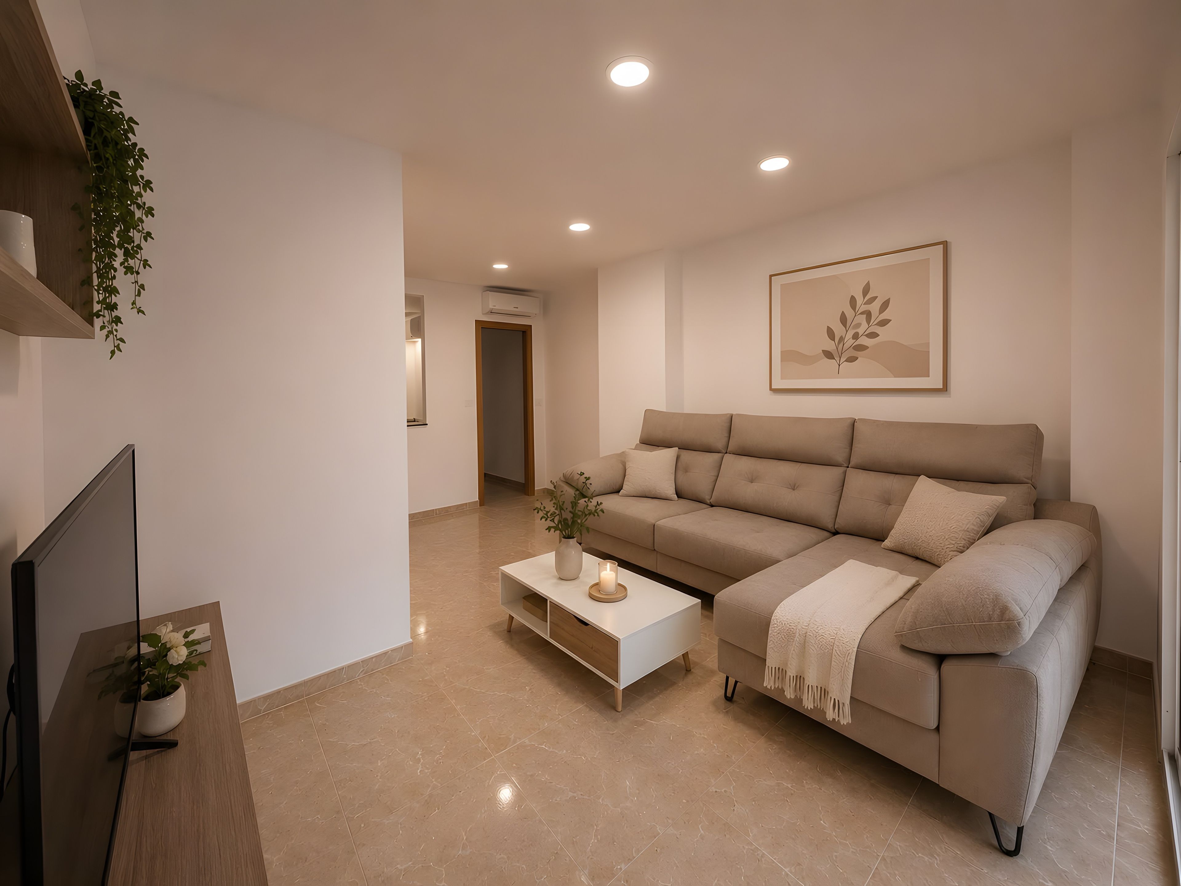A living room with a beige sofa, a coffee table with candles, a flat-screen TV, and a plant.