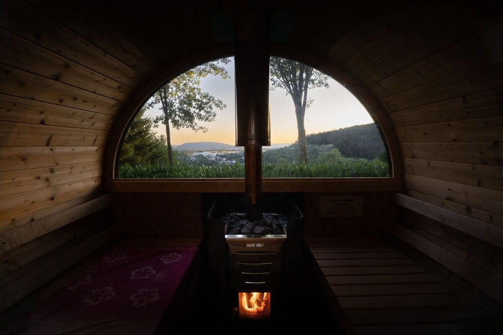 A cozy room with a fireplace, wooden walls, and a large window offering a scenic view.