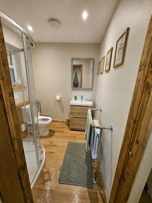 A modern bathroom with a glass shower enclosure, a toilet, a sink, and a mirror. - House Sleeps up to 4 With Free Parking and Pets Welcome! (Llanfyllin)