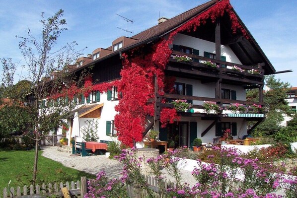 En traditionel schweizisk chalet med skrå tag, træbjælker og en balkon med plantekasser.