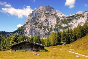 A rustic cabin with a wooden exterior, surrounded by a grassy area and a mountain backdrop. - Untersberg "Jodlbauer" (Bad Reichenhall)