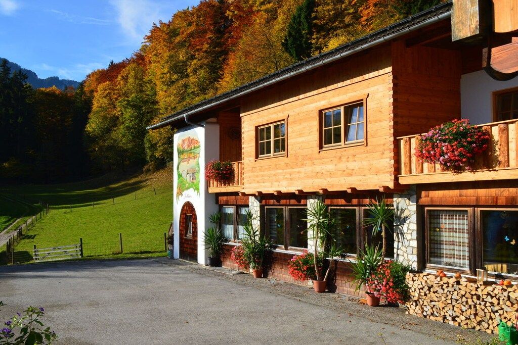 Un bâtiment en bois doté d’un balcon, de plantes en pot et d’un mur en pierre.